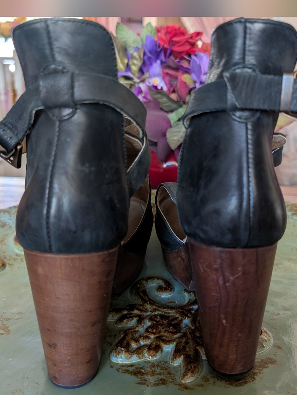 Free People Black Leather Platform Clogs with Wood-Effect Heel Size 39.5 - Picture 4 of 16